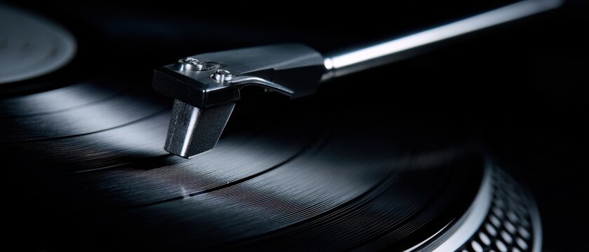 The Turntable Needle Gliding Over a Spinning Vinyl Record in Moody Closeup Light
