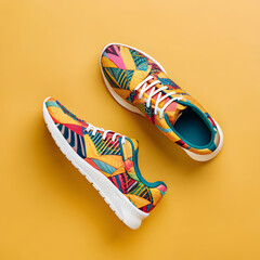 colorful sport shoes on mustard color background