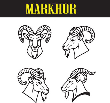 Markhor (Capra falconeri) &mdash; Black & White Vector Head for Logo and Tattoo