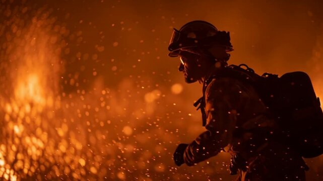 Side profile of a firefighter walking into a wildfire, surrounded by smoke and flames, capturing courage, sacrifice, and unwavering dedication as they confront danger to protect lives and land