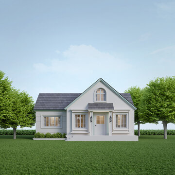 Cottage house on lawn grass with tree and blue sky. 3d rendering