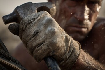 Close-up of a Worker's Hand Gripping a Hammer, Standard v2 4x Image
