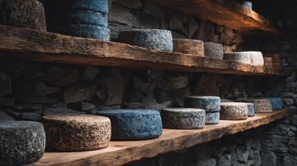 Wheels of Artisan Cheese Aging on Wooden Shelves in a Cool Stone Cellar Ambiance for Gourmet Tours and Artisanal Packaging