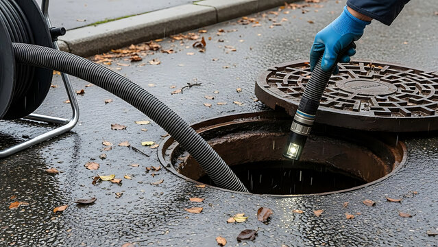 Professional industrial flexible inspection camera probe feeding into a municipal street manhole for drain cleaning maintenance and underground pipeline diagnostic assessment service.