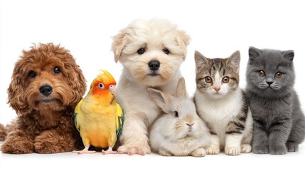 Fototapeta premium Different types of pets stand close together in one place. A dog puppy cat kitten rabbit and bird are all looking at the camera. The setting has a solid white background.