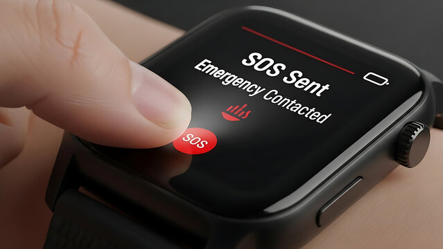 Human hand touching digital SOS distress signal interface on modern intelligent watch display for immediate rescue assistance during crisis or medical emergency situation.