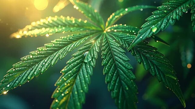 Close-up of vibrant green cbis leaves glistening with water droplets in a natural setting.