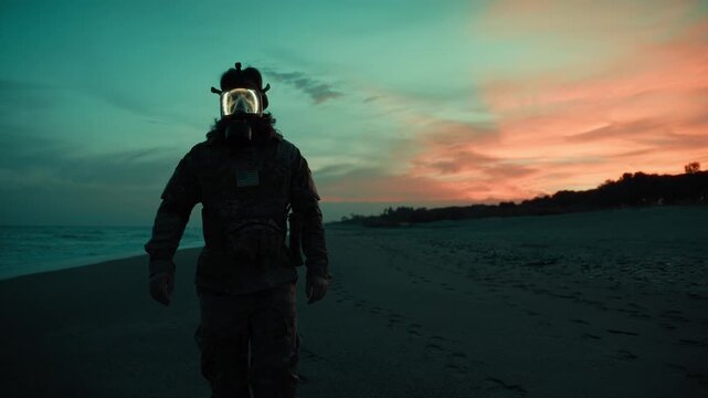 Silhouette of a Soldier with gas mask walks on the beach at sunset