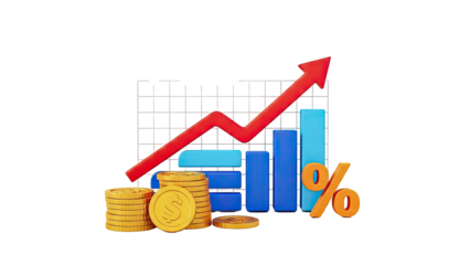 3D Graph with Rising Arrow, Coins, and Percentage Symbol