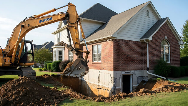 Heavy industrial excavator digging trench beside a residential house to inspect and access a compromised concrete foundation for structural repair and basement maintenance during construction