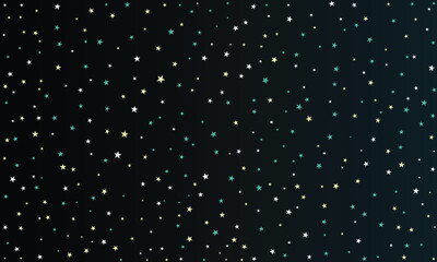 Abstract starry night sky background. Dark space vector texture with scattered gold and blue stars or confetti dots for galaxy, cosmos, and festive pattern design.