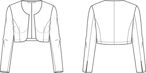Women's long sleeve cropped bolero jacket with open front and princess seams front and back view technical CAD flat vector illustration © MdMosarof