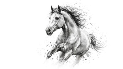 A majestic running horse depicted in a dynamic black and white watercolor style