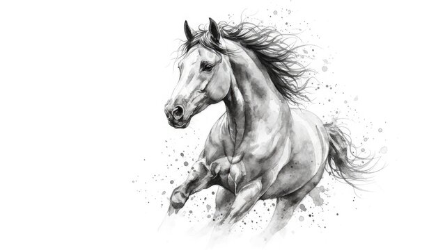 A majestic running horse depicted in a dynamic black and white watercolor style