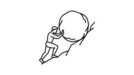 Obraz premium Man Pushing Boulder Uphill Perseverance Icon Pure White Background