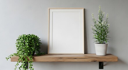 A minimalist wooden shelf displaying a blank picture frame adorned with lush green potted plants, perfect for home decor inspiration