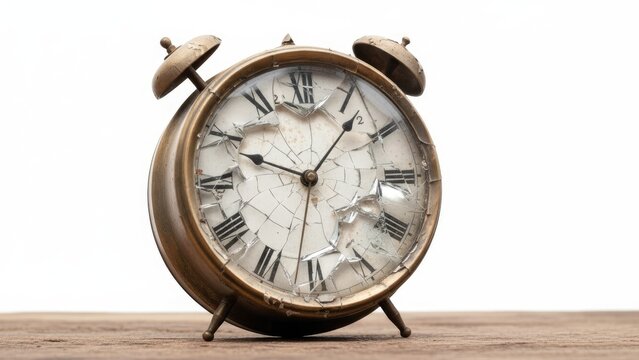 A close-up view of a vintage alarm clock with a shattered glass face against a white background