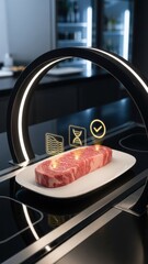 Futuristic Lab-Grown Wagyu Beef Undergoing High-Tech Quality Analysis Scanner in Modern Science Kitchen