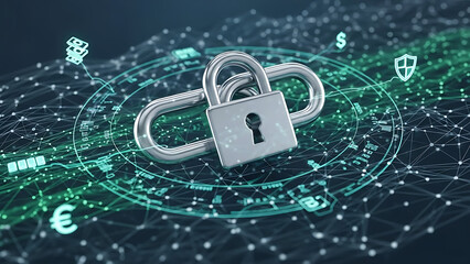 Abstract digital chain link structure with illuminated padlock icon symbolizing global supply chain security, encrypted data protection, cybersecurity logistics, and private network asset safety.