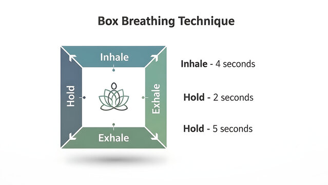 Comprehensive infographic diagram illustrating the box breathing technique featuring inhale hold and exhale phases with a central mindfulness meditation icon for stress relief and wellness.