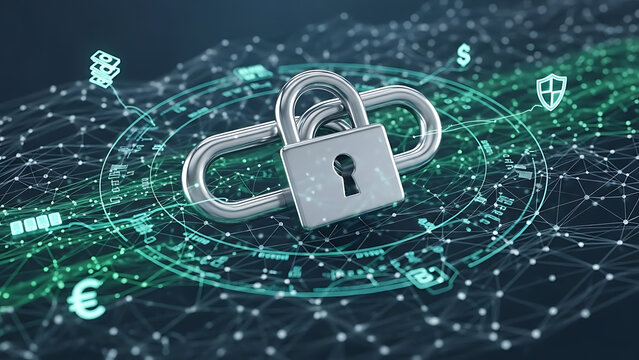 Abstract digital chain link structure with illuminated padlock icon symbolizing global supply chain security, encrypted data protection, cybersecurity logistics, and private network asset safety. - Powered by Adobe