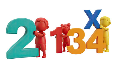 Children holding numbers 2, 1, 3, 4 and the letter X