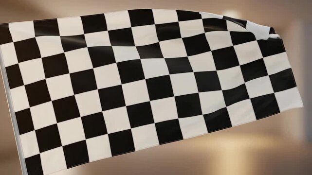 Checkered flag waving, symbolizing victory, competition, and the end of a race.