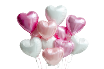 Bunch of pink and white heart shaped balloons isolated on transparent background
