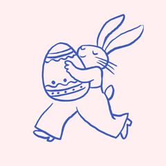 Cute hand-drawn Easter bunny holding an Easter egg. Minimal blue line art in a naive folk art style. 