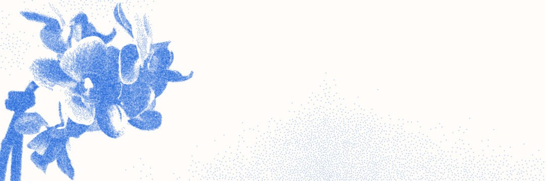 Blue cyanotype orchid halftone overlay background. Stipple dot flower bud texture. Clear and calm blue nature banner for template and graphic design project.