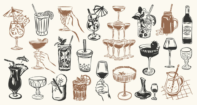 Whimsical sketch style cocktail and drinks vector illustration set. Art for postcards, greeting cards, menu, logo design, background.	