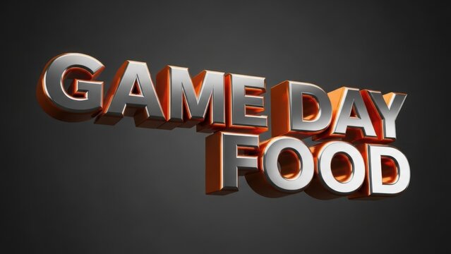 Game day food 3D text with metallic and orange letters. Sports event celebration concept on a dark background. Copy space - Powered by Adobe