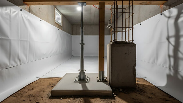 Residential basement crawlspace featuring adjustable steel structural support jack post and solid concrete pad footings for home foundation stabilization and structural masonry repair renovation.