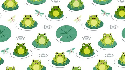 Whimsical frogs on lily pads with dragonflies on white background