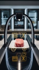 Futuristic Lab-Grown Wagyu Beef Undergoing High-Tech Quality Analysis Scanner in Modern Science Kitchen