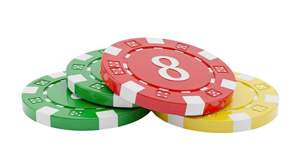 Stack of colorful casino poker chips on a white background