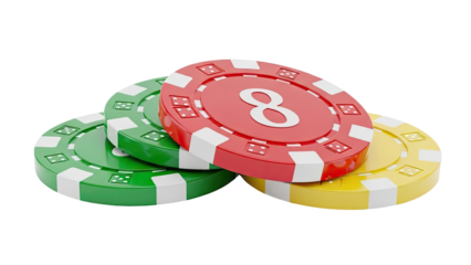 Stack of colorful casino poker chips on a white background