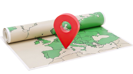 Red map pin on rolled out Europe map