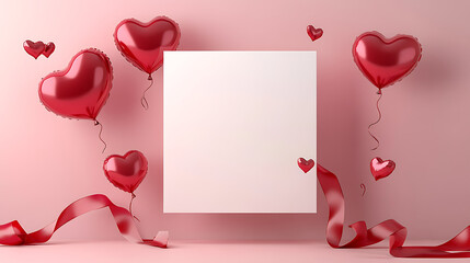 Blank white square canvas or board with floating red heart balloons and ribbons, pink stage background for product display, Valentine's Day concept

