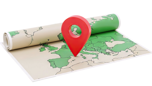 Red map pin on rolled out Europe map - Powered by Adobe