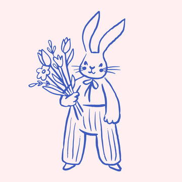 Cute hand-drawn Easter bunny holding spring flowers. Minimal blue line art in a naive folk art style. 