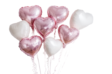 Pink and white heart shaped balloons on strings isolated on transparent background