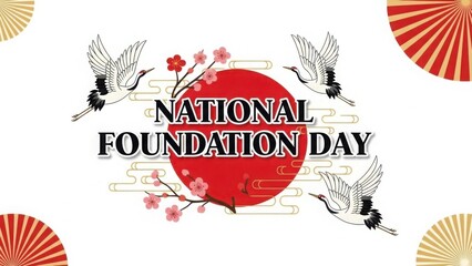 National Foundation Day graphic with traditional Japanese cranes and cherry blossoms. Red circle and folding fans on white background. Illustration for celebration
