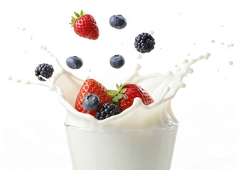 Strawberries and splashes of milk or yogurt in the air on a white background