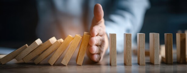 The Hand Stopping Falling Wooden Domino Blocks to Prevent Chain Reaction