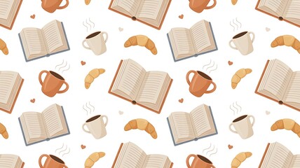 Cozy morning routine with books, coffee, and croissants pattern