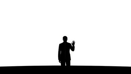 Silhouette of a man in a suit waving or greeting. High contrast minimalist studio shot with copy space