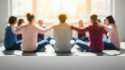 Support group session with people sitting in a circle holding shoulders. Teamwork, community, and connection concept with copy space