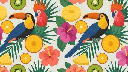 Tropical birds and fruits in vibrant colorful pattern