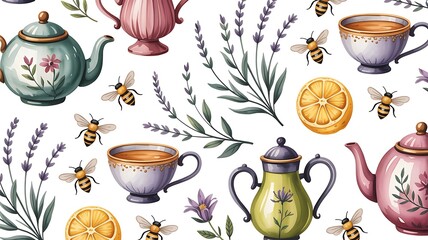 Vibrant tea party scene with floral teapots and lemons